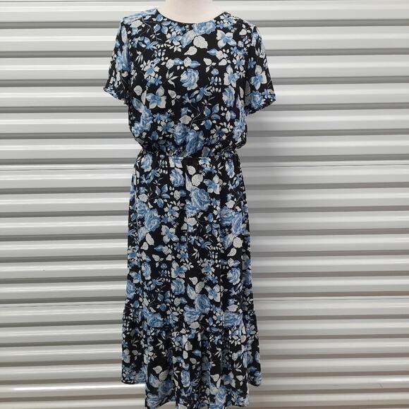 Creative Concepts Dress Women's Medium Black Blue Floral Short Sleeve Open Back - Picture 2 of 12